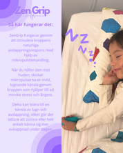 Bambina che dorme con coperta ZenGrip, design colorato, favorisce il rilassamento e il sonno. Testo informativo sui benefici del prodotto.