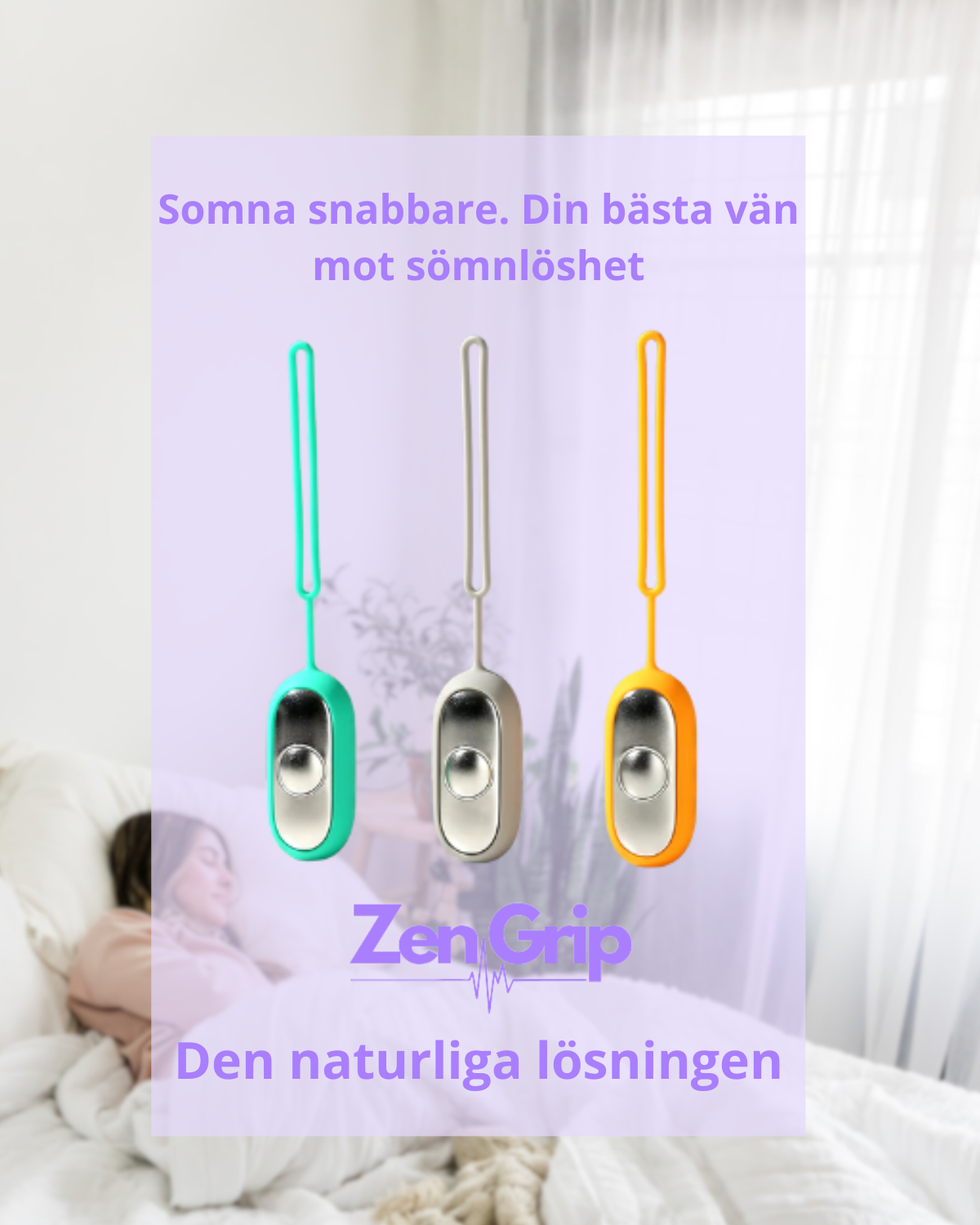 Tre dispositivi ZenGrip colorati sospesi, design moderno, per combattere l'insonnia. Sfondo con persona che dorme. Soluzione naturale per il sonno.