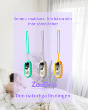 Tre dispositivi ZenGrip colorati sospesi, design moderno, per combattere l'insonnia. Sfondo con persona che dorme. Soluzione naturale per il sonno.