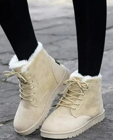 Stivali invernali beige da donna, foderati in pelliccia sintetica, suola antiscivolo, ideali per il freddo. Scarpe moda casual e comode.