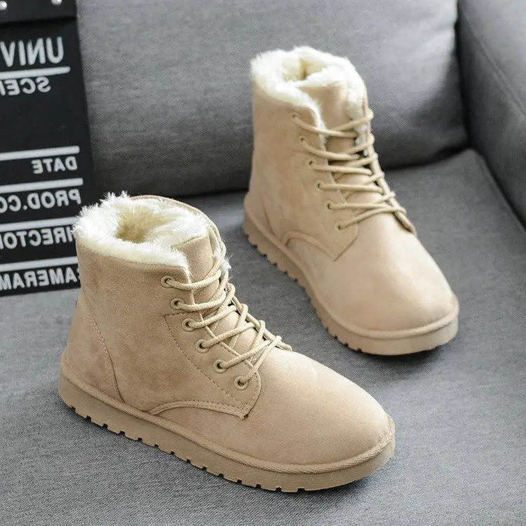 Stivali invernali beige da donna con fodera in pelliccia sintetica, suola antiscivolo, design casual, perfetti per il freddo.