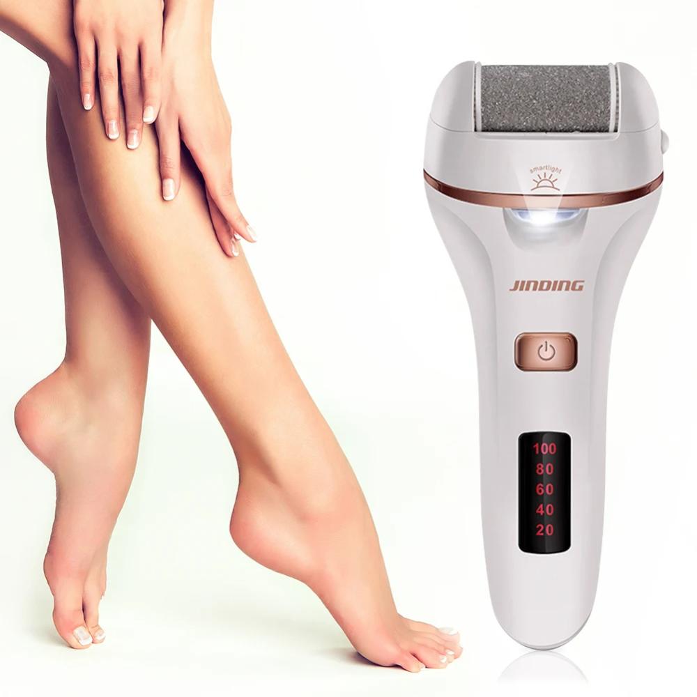 Depilatore elettrico Jinding con display LED, design ergonomico, accanto a gambe femminili lisce. Ideale per rimozione peli e cura della pelle.