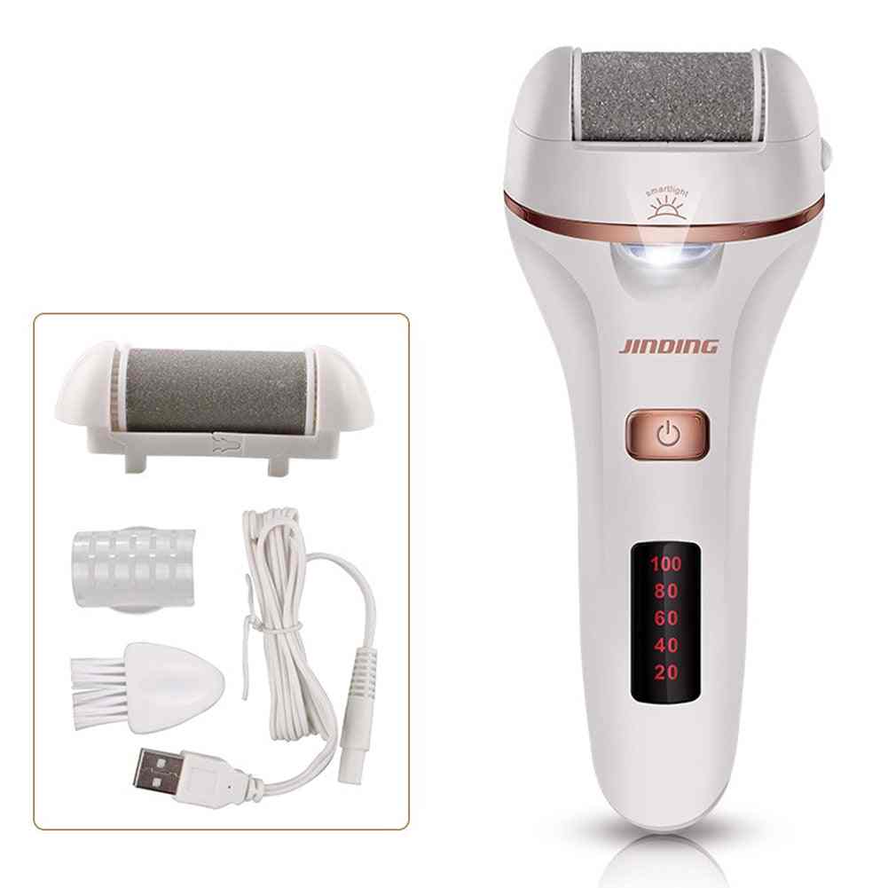 Rasoio elettrico Jinding bianco con display LED, testina intercambiabile, cavo USB e spazzola per la pulizia. Ideale per pedicure professionale.