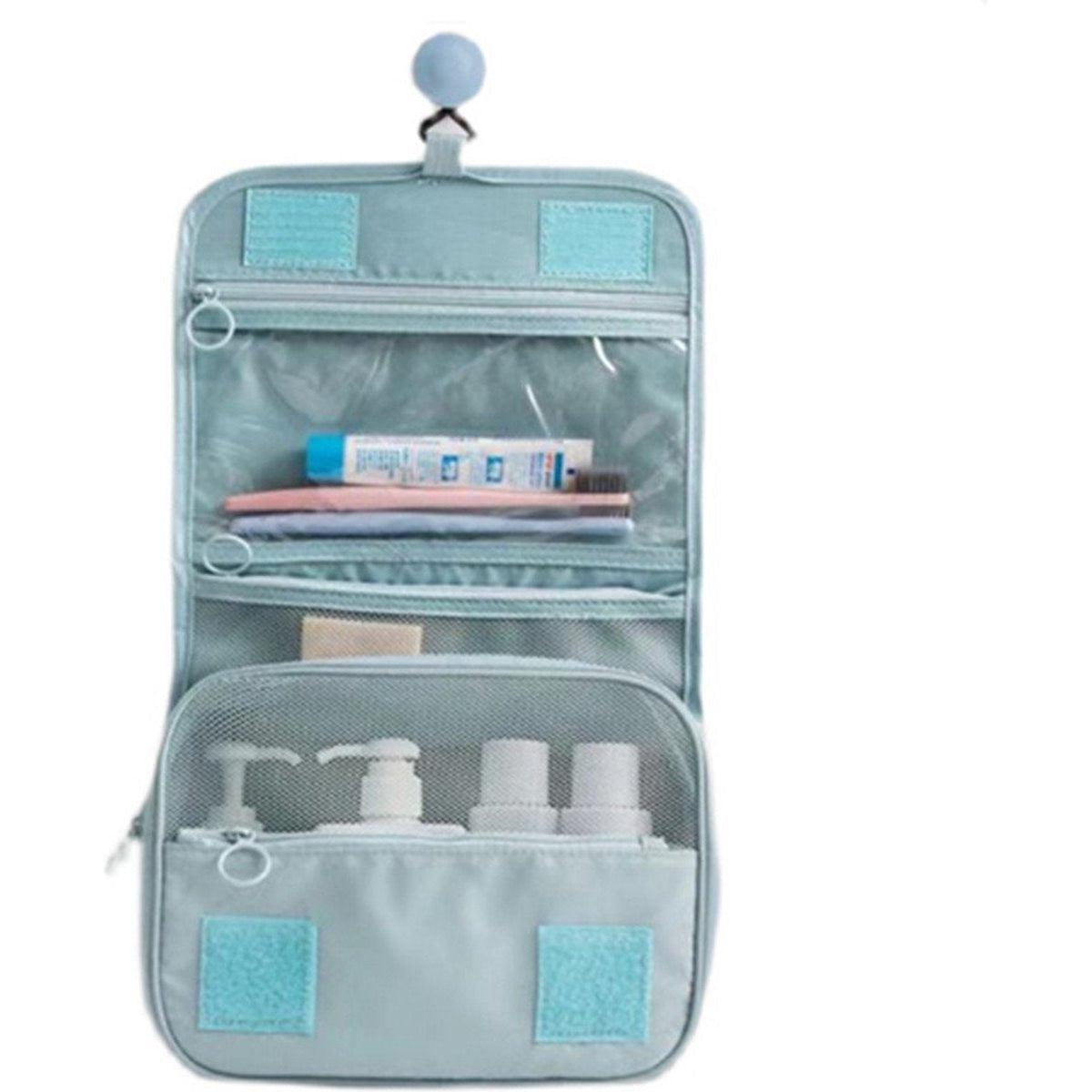 Astuccio da viaggio appeso, blu, con scomparti trasparenti e tasche a rete, ideale per cosmetici e articoli da toeletta. Organizzazione pratica.