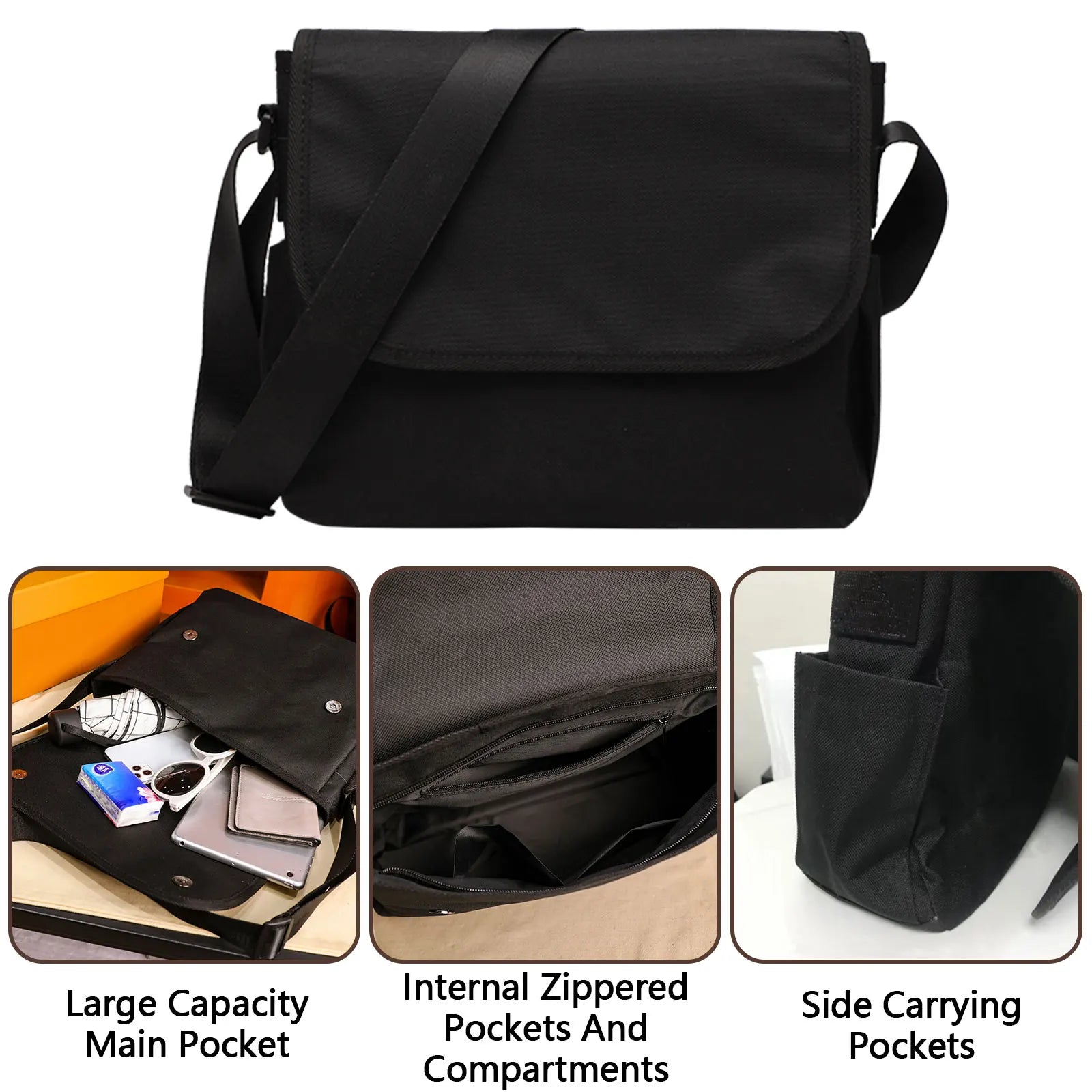 Borsa a tracolla nera con tasche interne con zip, ampio scomparto principale e tasche laterali. Design funzionale e spazioso per uso quotidiano.