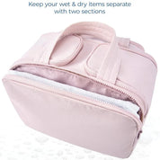 Borsa da viaggio rosa impermeabile con doppio scomparto, ideale per separare oggetti bagnati e asciutti. Perfetta per organizzazione bagagli.