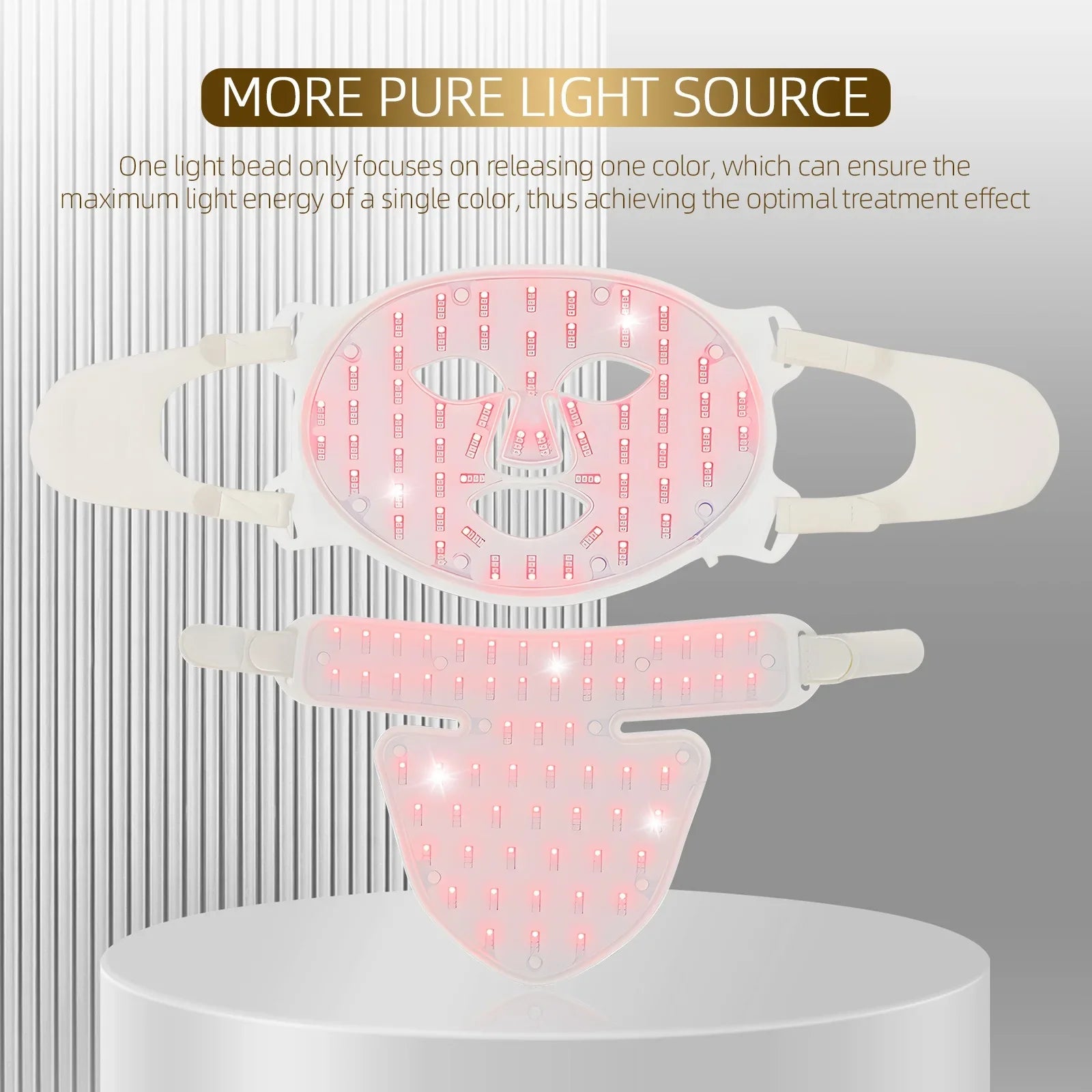 Maschera LED terapia luce rossa, dispositivo bellezza viso e collo, trattamento anti-età, cura pelle, tecnologia fotonica, ringiovanimento cutaneo.
