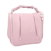 Borsa cosmetica rosa con manico imbottito, chiusura a zip e decorazione con perle. Ideale per trucco e accessori da viaggio.