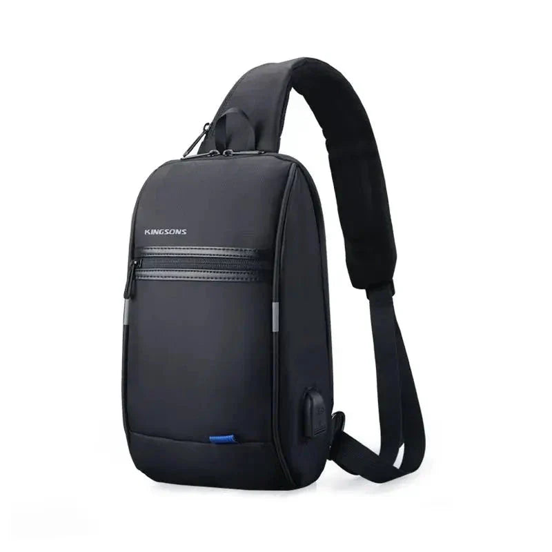 Zaino monospalla nero Kingsons, design moderno, tasca frontale con zip, porta USB integrata, ideale per laptop e viaggi urbani.