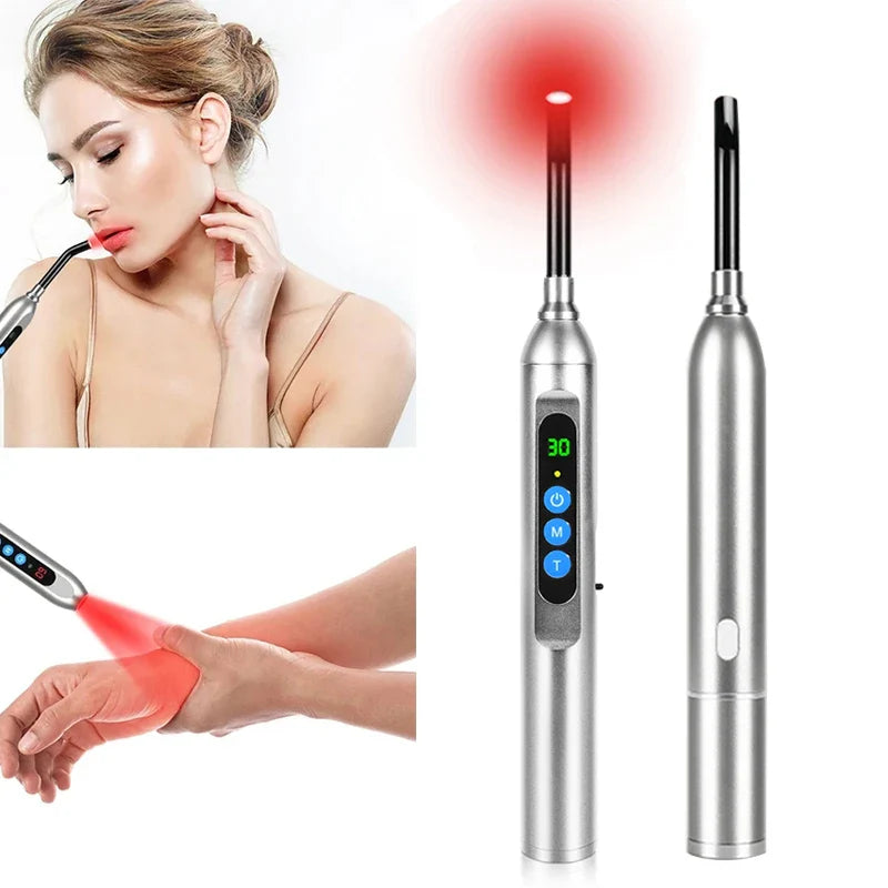 Dispositivo terapia laser portatile per sollievo dal dolore, design ergonomico, schermo LED, luce rossa, uso su pelle e articolazioni.