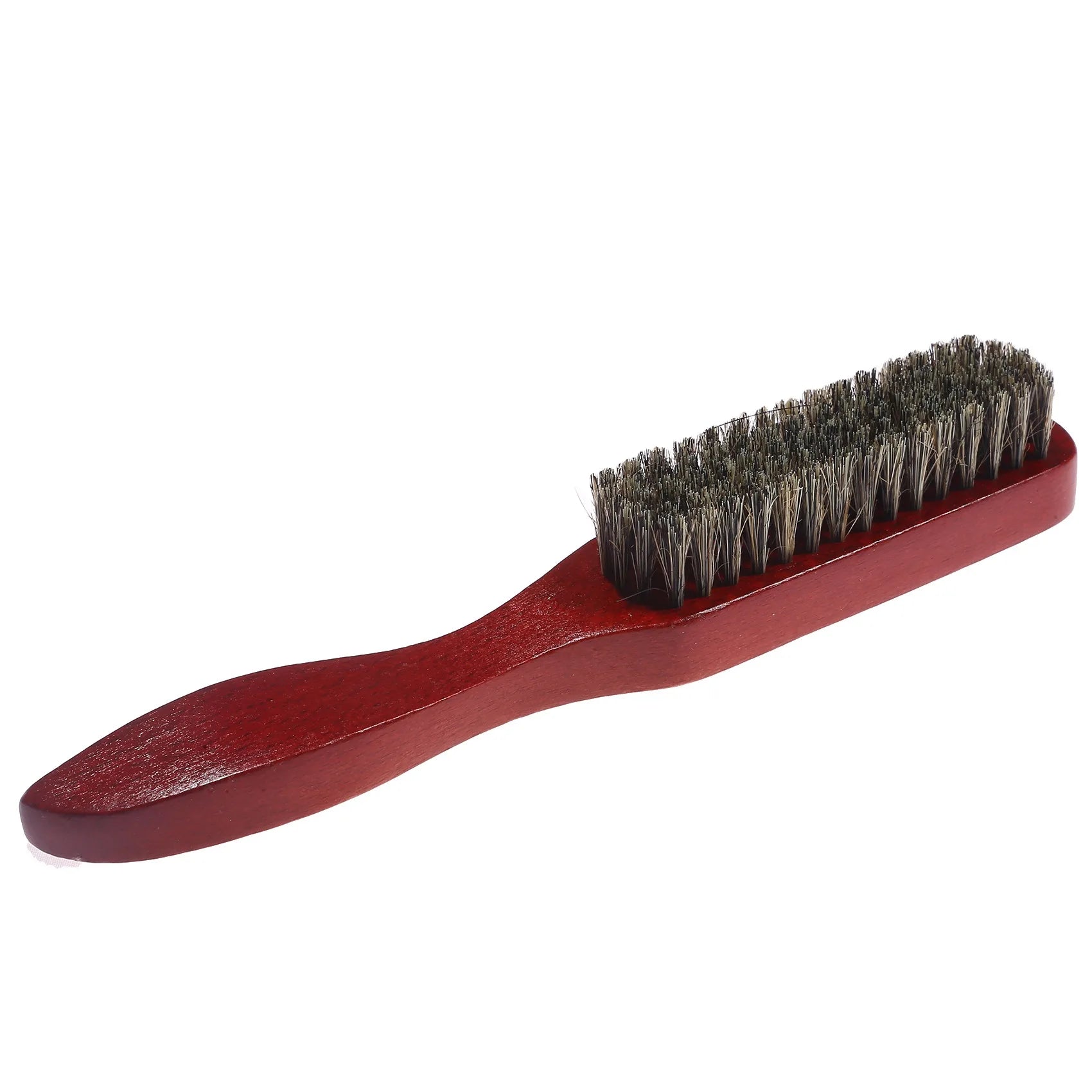 Spazzola per scarpe in legno con setole naturali, manico ergonomico rosso. Ideale per pulizia e lucidatura calzature in pelle. Accessorio essenziale.