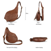 Borsa a tracolla in pelle marrone, design a foglia, dimensioni 32x20x5 cm, vista frontale, laterale, posteriore e inferiore. Accessorio moda elegante.