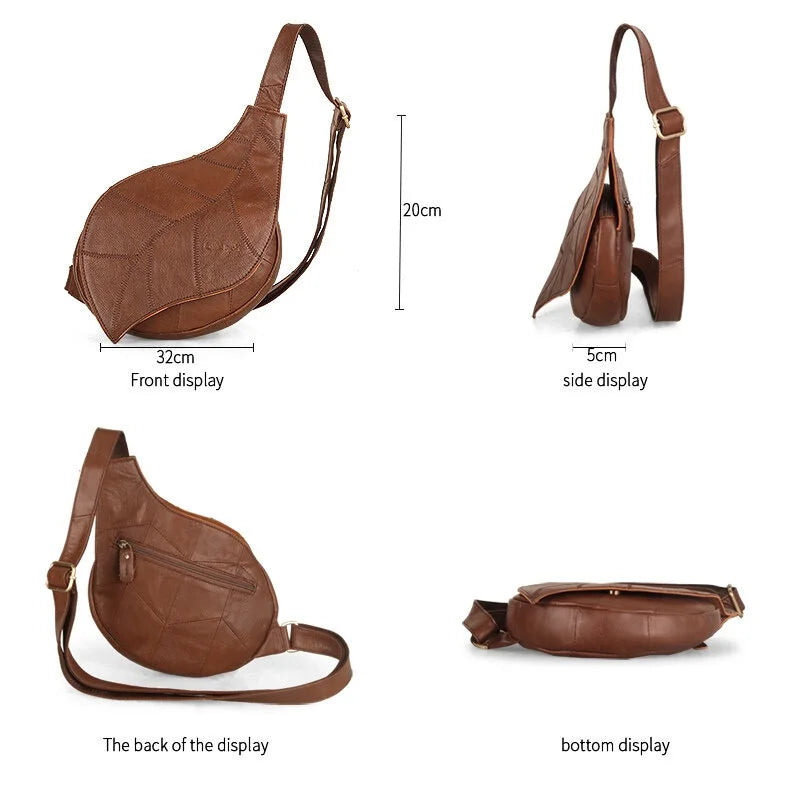 Borsa a tracolla in pelle marrone, design a foglia, dimensioni 32x20x5 cm, vista frontale, laterale, posteriore e inferiore. Accessorio moda elegante.