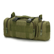 Borsa tattica verde militare con cerniere multiple, design compatto, ideale per escursioni e attività outdoor. Resistente e versatile.