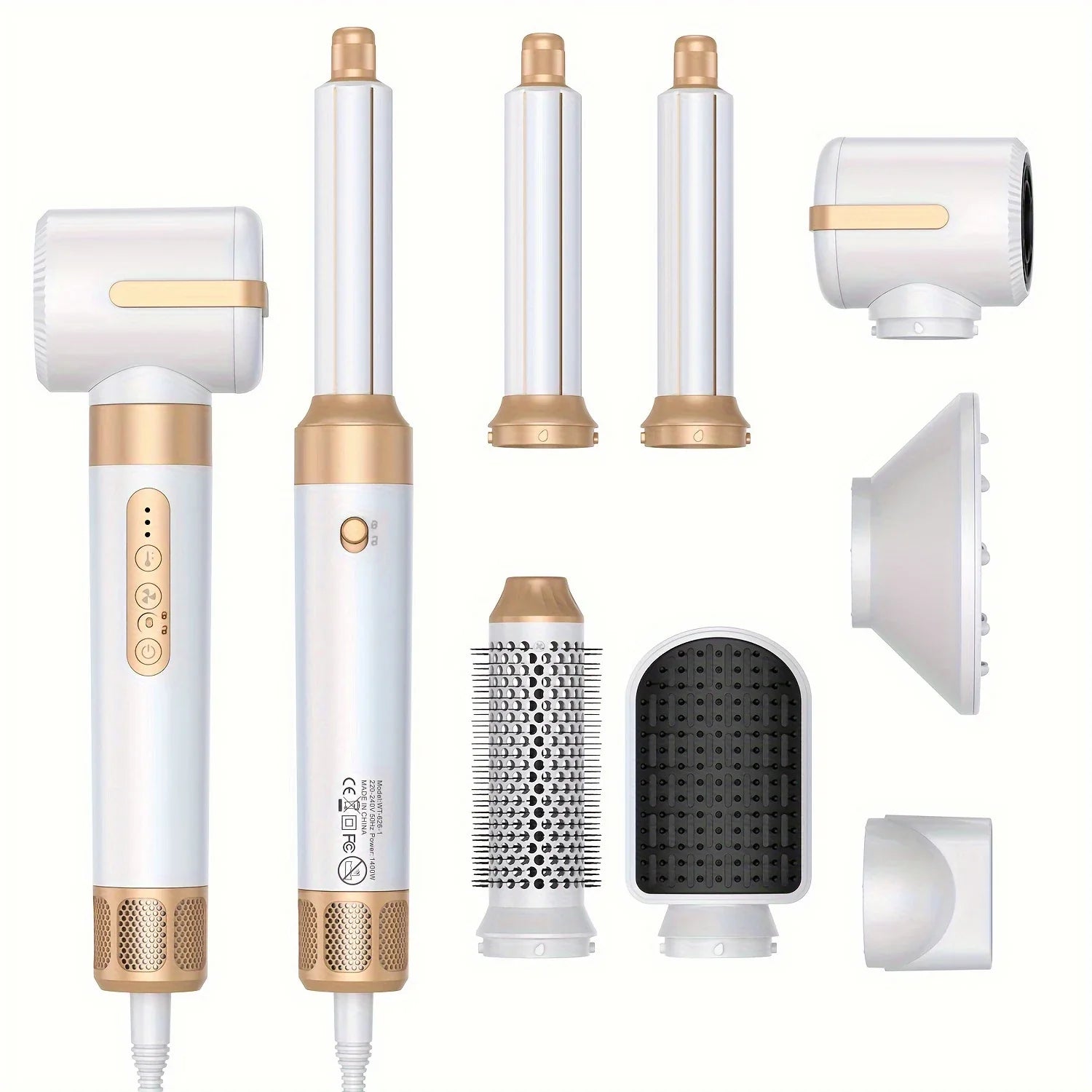 Set asciugacapelli multifunzione bianco e oro con accessori: spazzole, diffusore, e testine intercambiabili. Styling capelli versatile e professionale.