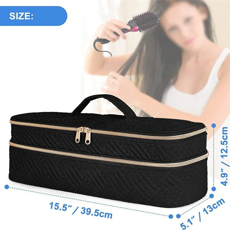 Custodia nera per spazzola ad aria calda, doppia cerniera, dimensioni 39,5x13x12,5 cm, ideale per viaggi e organizzazione accessori capelli.