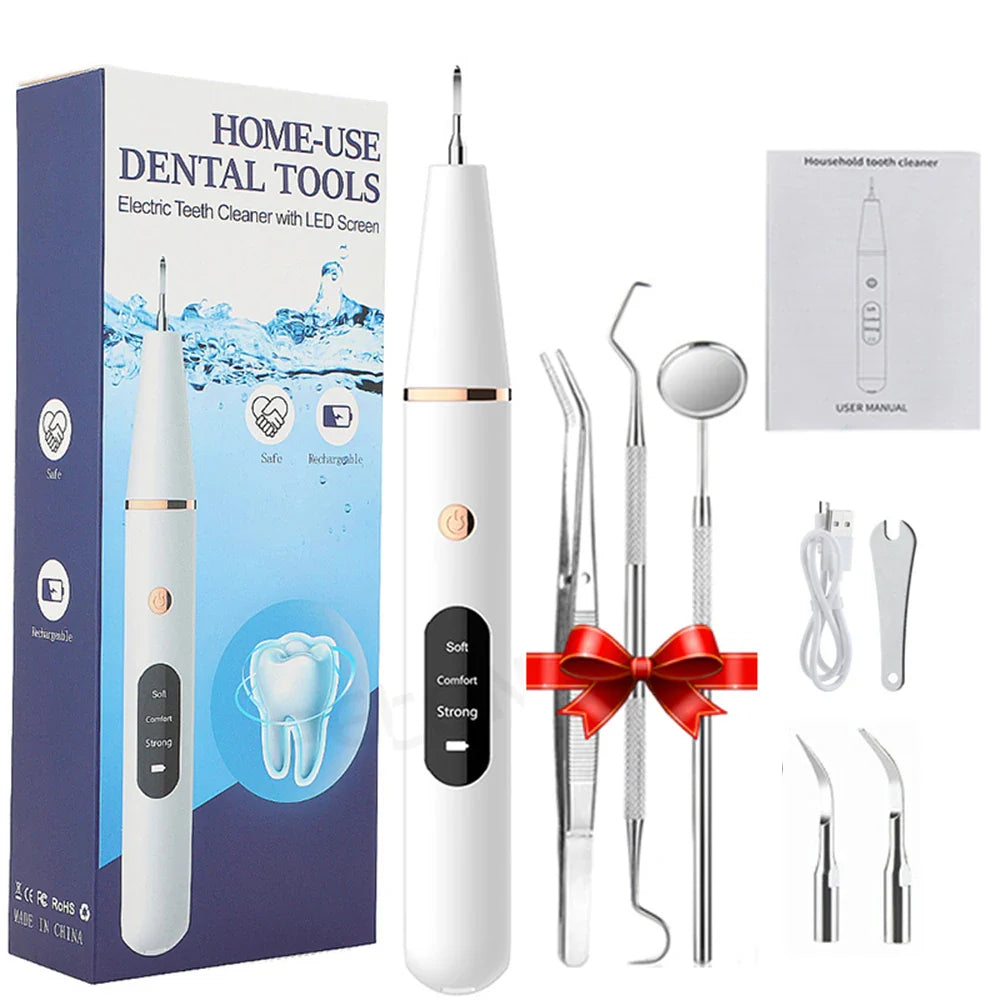 Kit pulizia dentale elettrico con schermo LED, include strumenti odontoiatrici in acciaio inox, manuale utente e confezione regalo. Uso domestico.