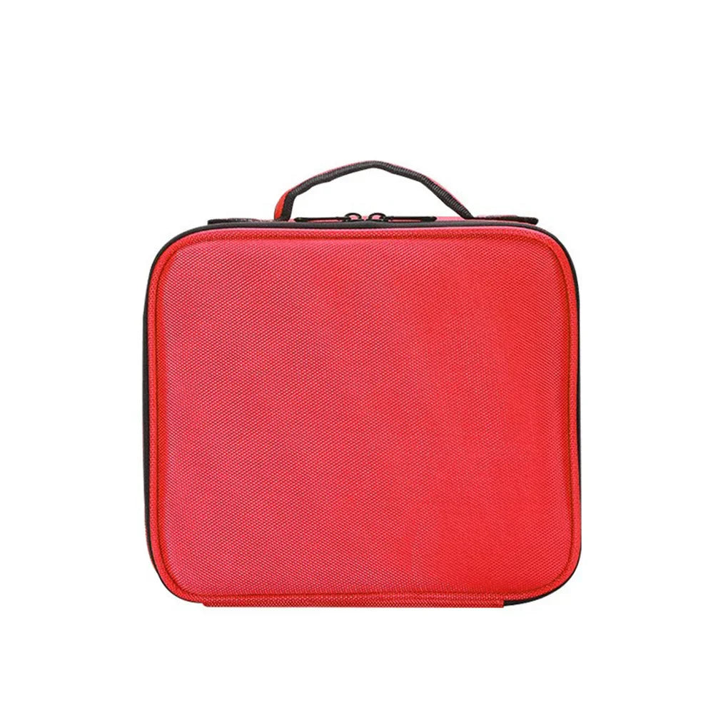 Custodia rigida rossa per trasporto, con manico superiore e chiusura a zip. Ideale per protezione dispositivi elettronici e accessori.