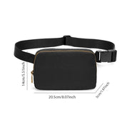 Marsupio nero unisex con cerniera dorata, dimensioni 20,5x14x5 cm, cintura regolabile, ideale per viaggi e attività all'aperto.
