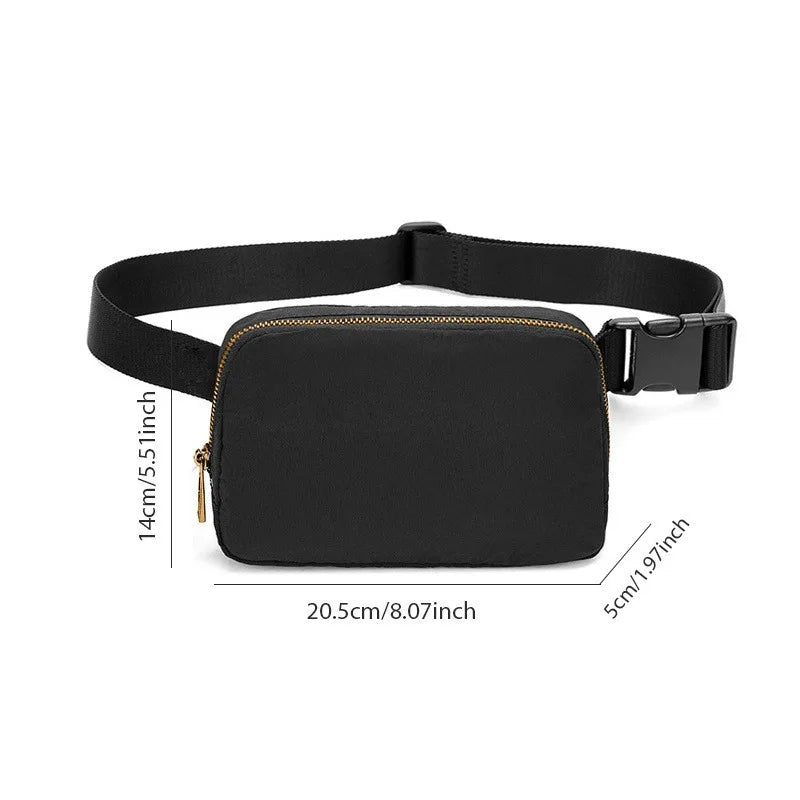 Marsupio nero unisex con cerniera dorata, dimensioni 20,5x14x5 cm, cintura regolabile, ideale per viaggi e attività all'aperto.