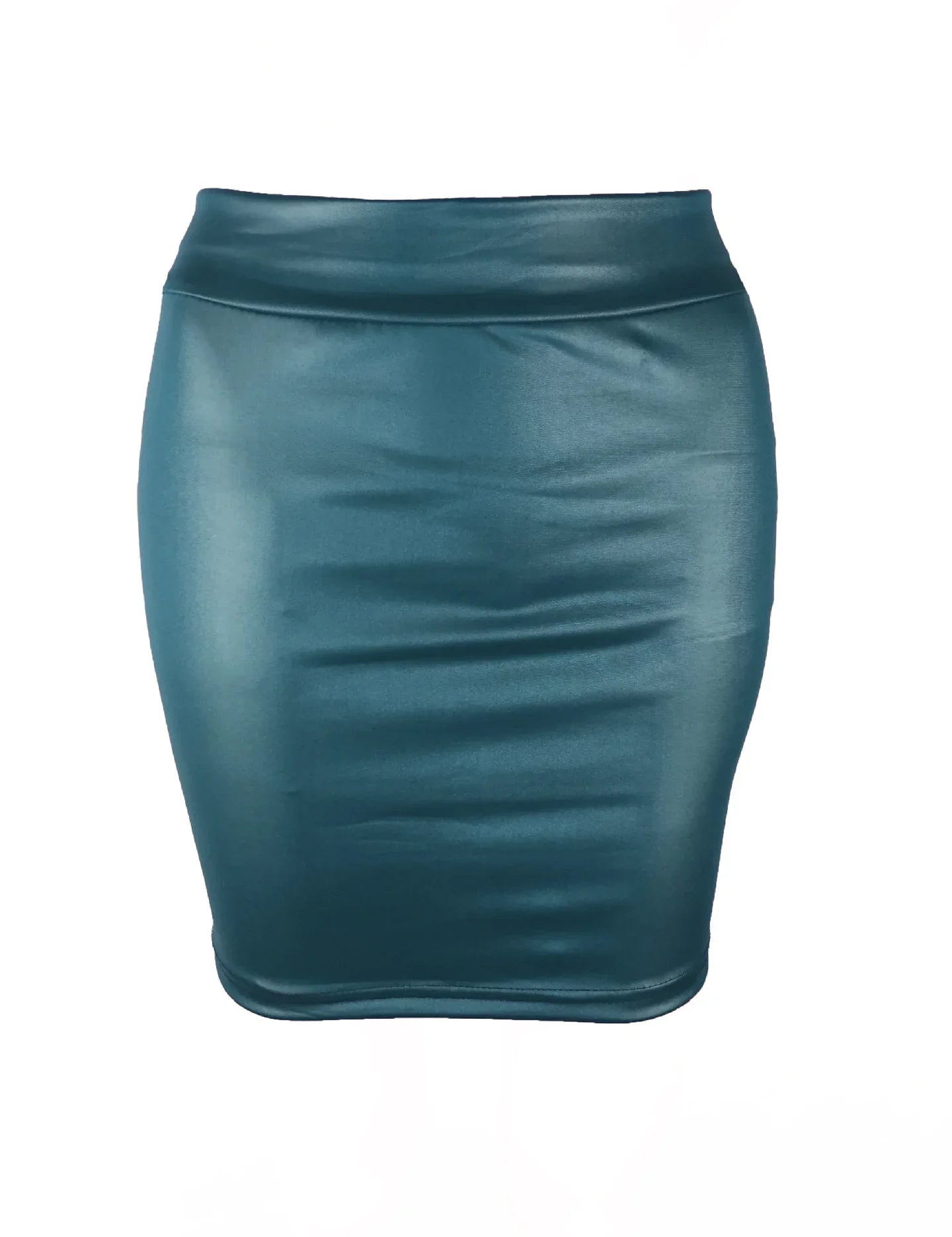 Gonna a tubino in ecopelle blu petrolio, design aderente, lunghezza al ginocchio, ideale per look eleganti e casual. Moda donna, abbigliamento trendy.