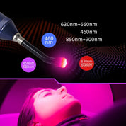 Dispositivo terapia LED luce rossa e blu, lunghezze d'onda 630nm, 660nm, 460nm, 850nm, 900nm, trattamento viso, cura pelle, fototerapia avanzata.