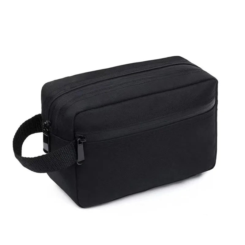 Borsa da toilette nera con cerniera, design rettangolare, manico laterale resistente. Ideale per viaggi, organizzazione accessori bagno.