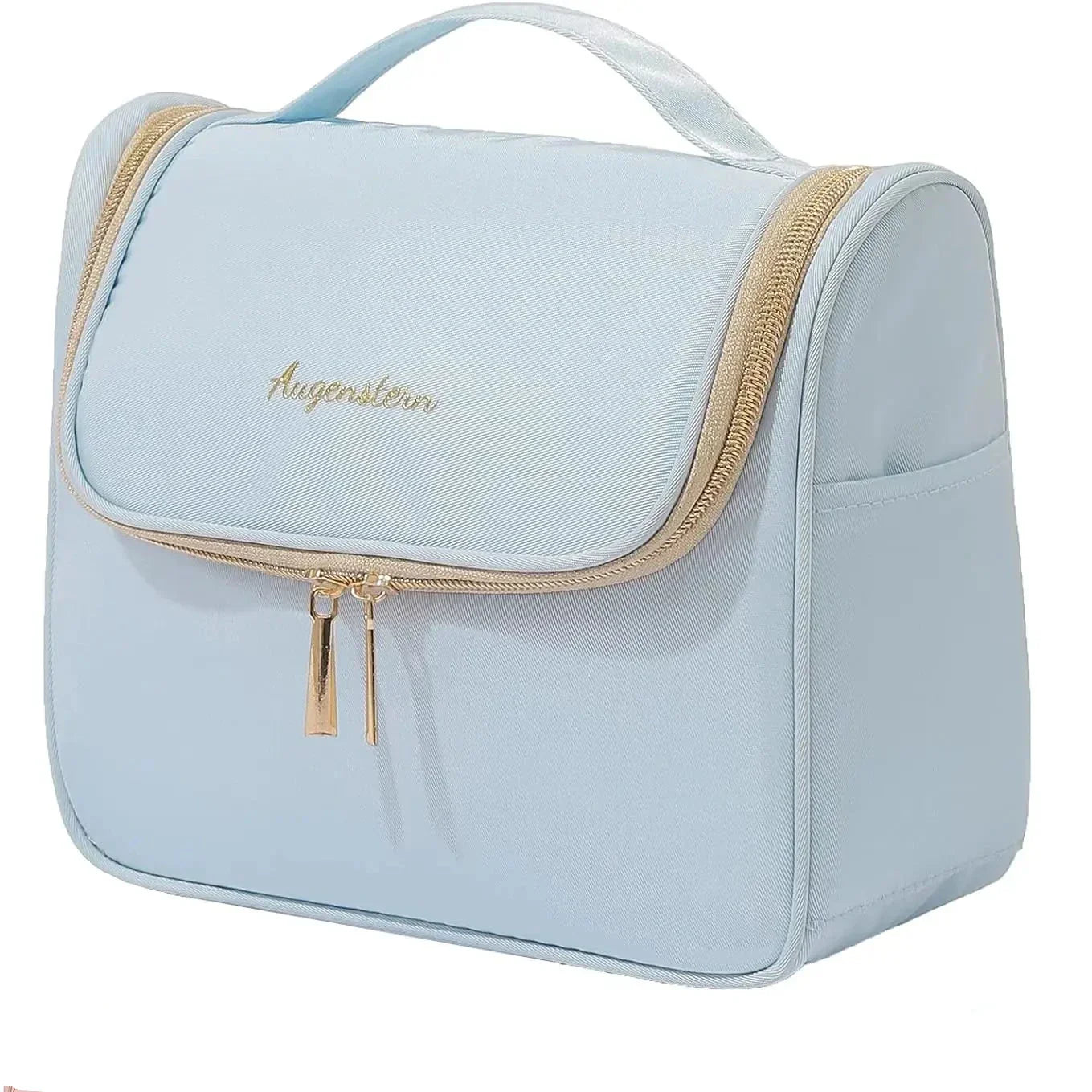 Borsa da toilette azzurra con cerniera dorata, manico superiore e tasca frontale. Design elegante e pratico per viaggi e organizzazione.