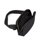 Marsupio nero unisex con cerniera dorata, tasca interna in rete, cintura regolabile. Accessorio moda pratico e versatile per uomo e donna.