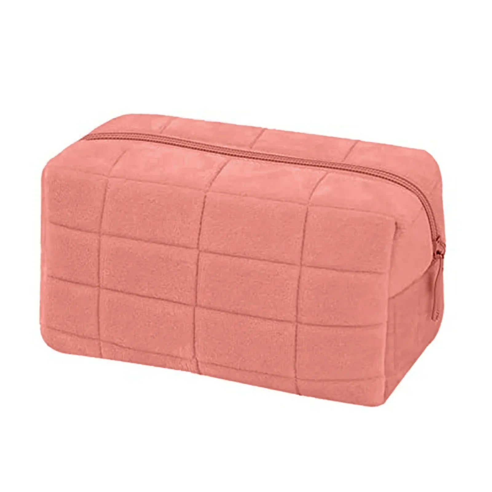 Astuccio da viaggio rosa in tessuto trapuntato con cerniera, ideale per cosmetici e accessori. Design elegante e pratico per organizzazione perfetta.