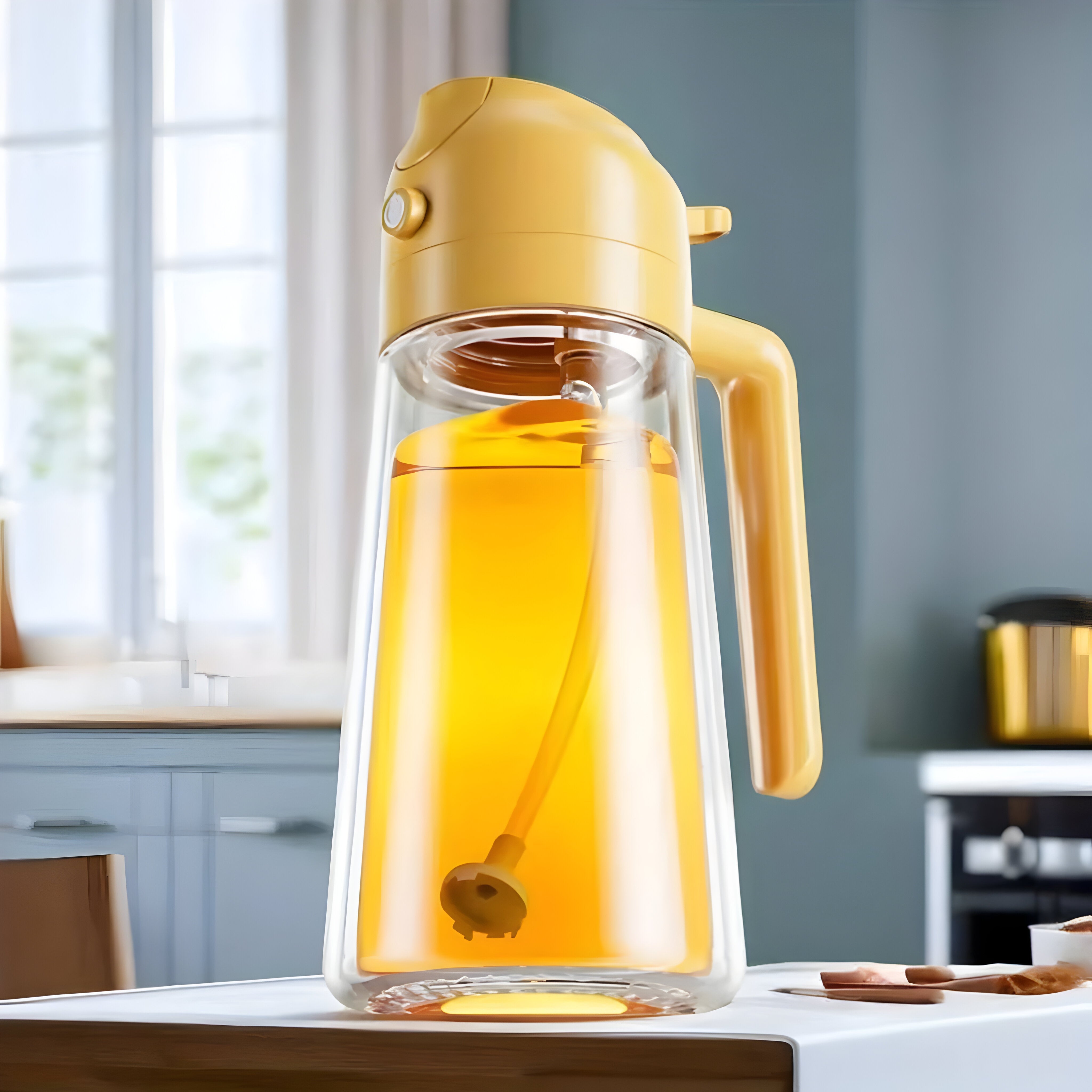 Caraffa in vetro con coperchio giallo, contenente succo d'arancia, su tavolo da cucina moderna. Design elegante, ideale per bevande fresche.