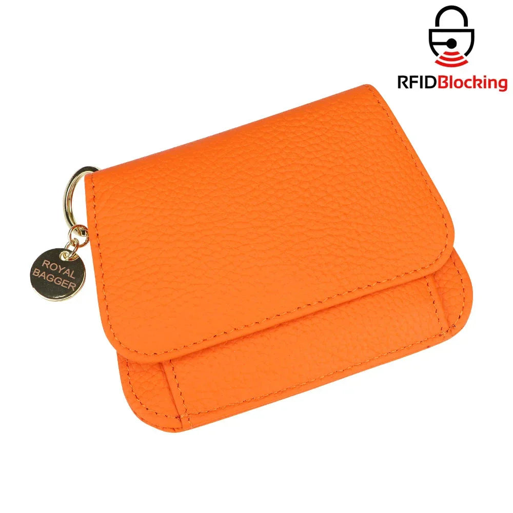 Portafoglio arancione in pelle con protezione RFID, chiusura a bottone, marchio Royal Bagger, design compatto, ideale per sicurezza e stile.
