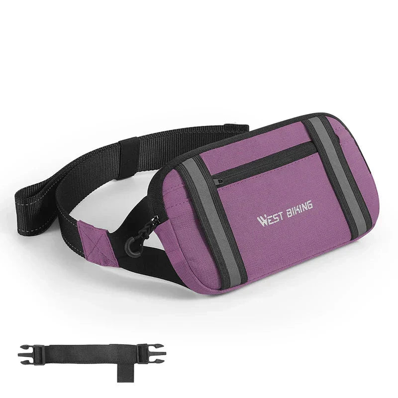 Marsupio sportivo viola con cerniere nere, cintura regolabile e logo "West Biking". Ideale per ciclismo, escursionismo e attività all'aperto.