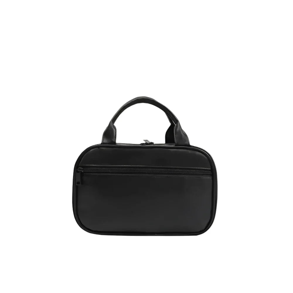 Borsa a mano nera in pelle, design elegante e minimalista, con cerniera frontale. Accessorio moda donna, ideale per ogni occasione.