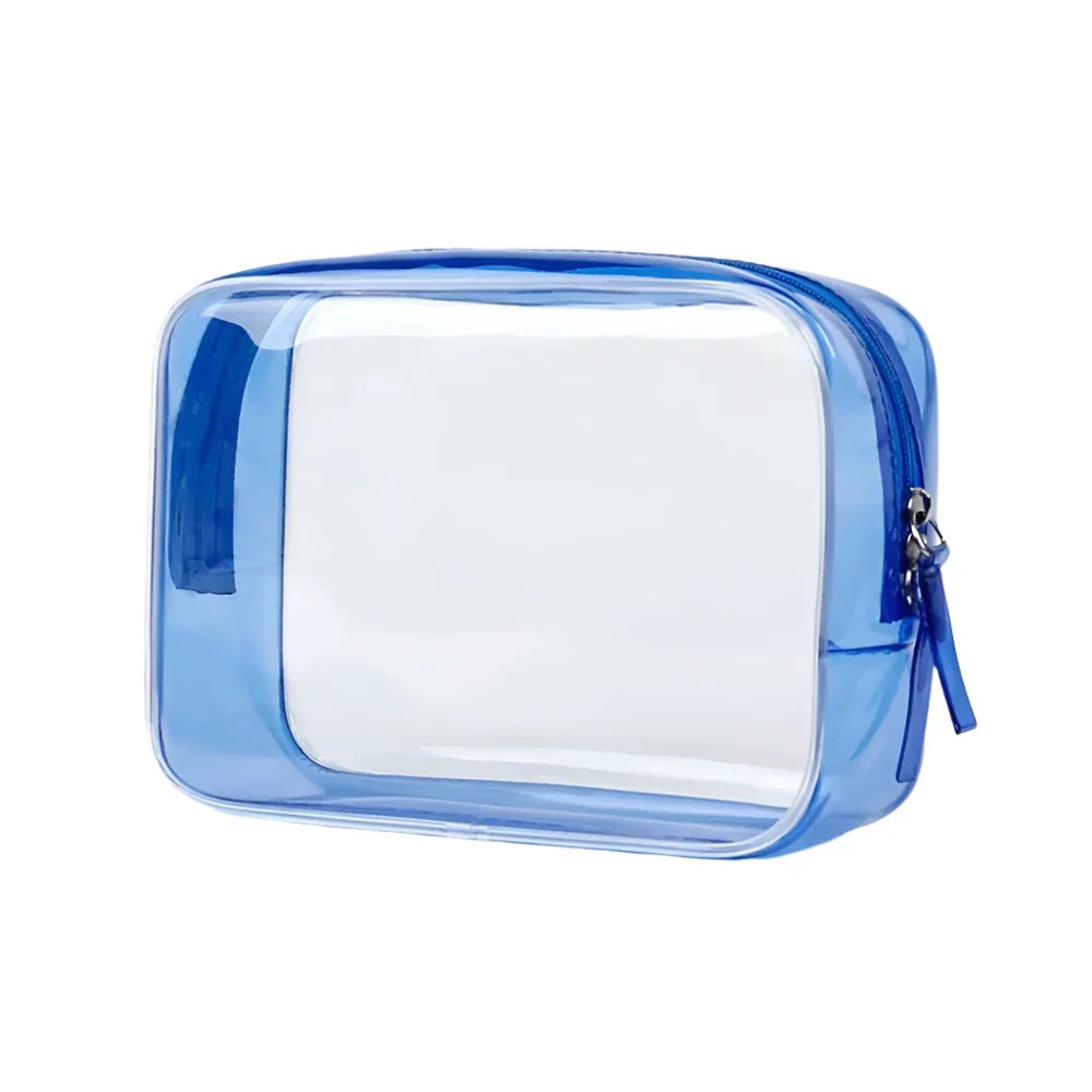 Astuccio trasparente in PVC blu con cerniera, ideale per viaggi, articoli da toeletta, cosmetici. Design compatto e resistente all'acqua.