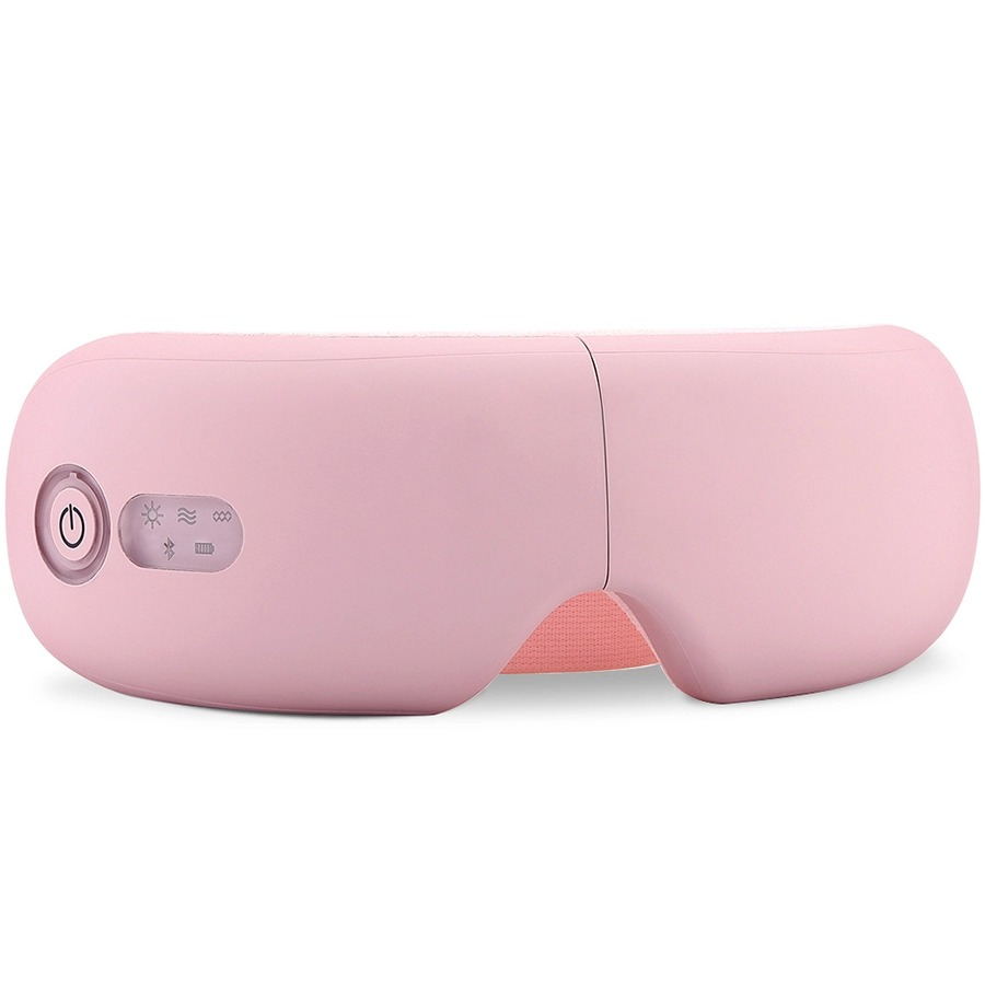 Maschera massaggiante occhi rosa, dispositivo elettrico con pulsanti per calore e vibrazione, ideale per relax e sollievo dallo stress.