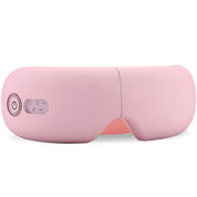 Maschera massaggiante occhi rosa, dispositivo elettrico con pulsanti per calore e vibrazione, ideale per relax e sollievo dallo stress.