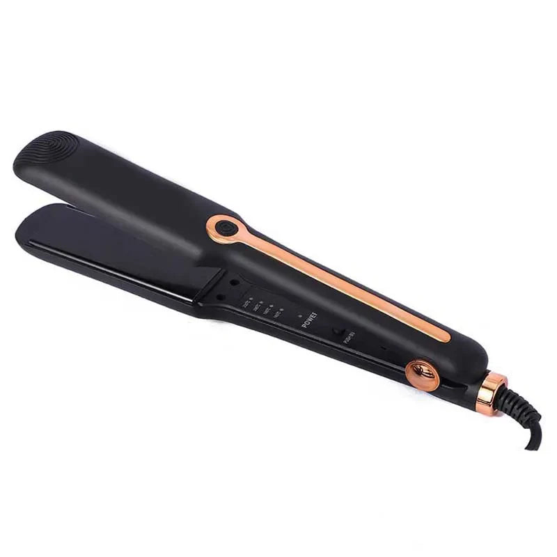 Piastra per capelli nera con dettagli dorati, design elegante, cavo girevole, controllo temperatura, styling professionale, lisciatura capelli.