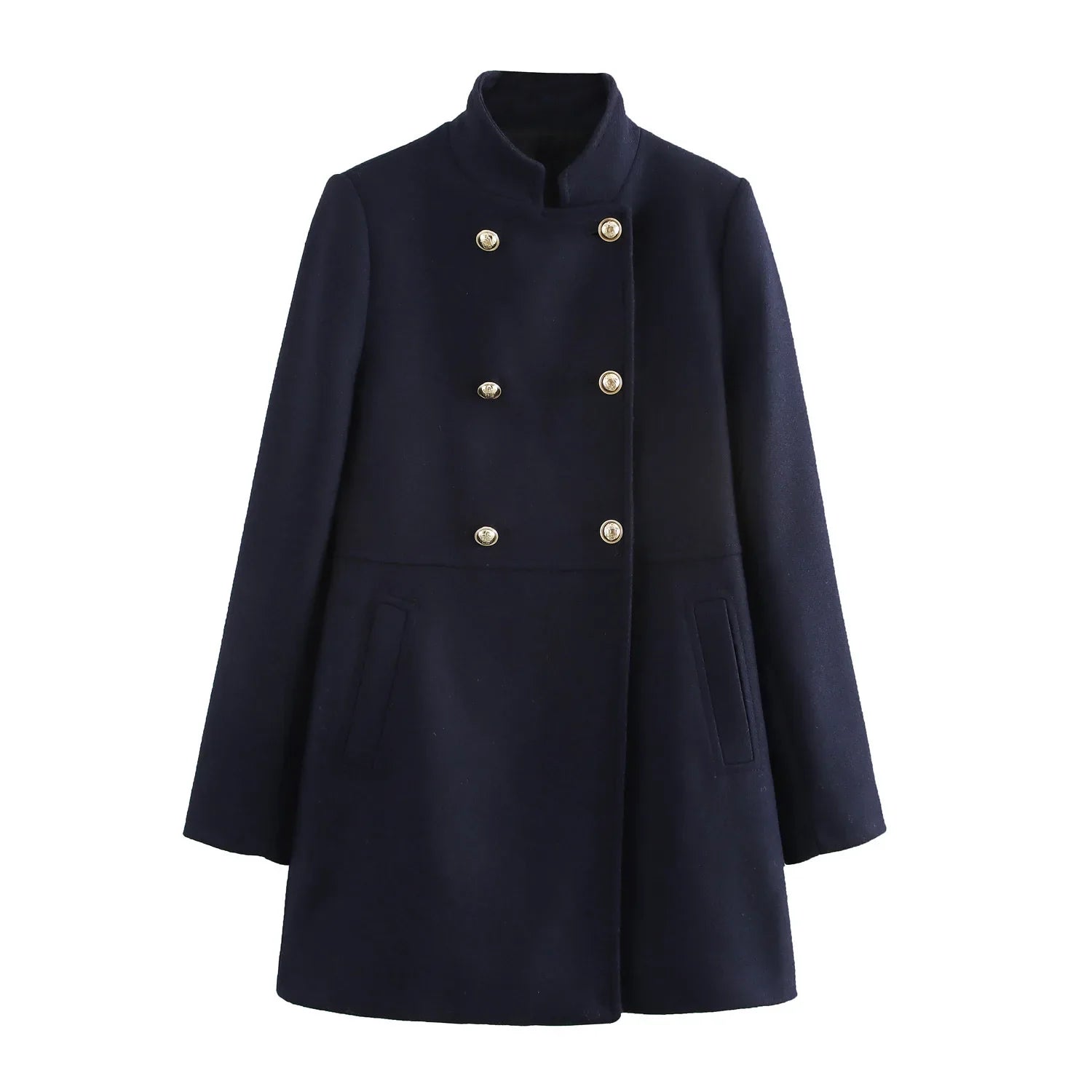 Cappotto blu scuro da donna, doppio petto, elegante, con bottoni dorati, collo alto, ideale per l'inverno. Moda femminile, abbigliamento invernale.