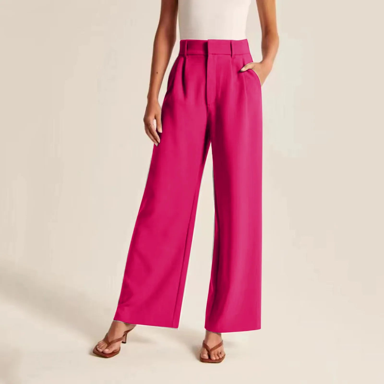  Pantaloni a gamba larga femminile - alta vita su misura - sensazione di lino - piega intera-4