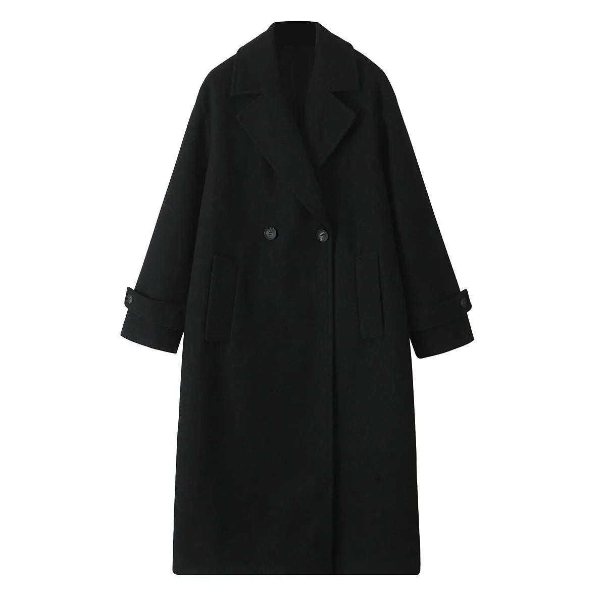 Cappotto lungo nero da donna, doppio petto, elegante, in lana, con tasche e polsini regolabili. Ideale per l'inverno e occasioni formali.