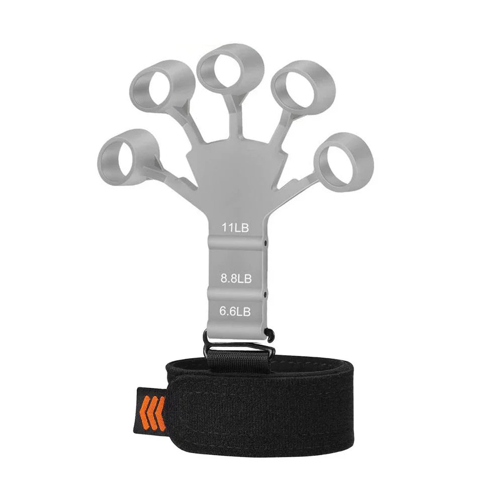 Espansore dita mano grigio con resistenze 11LB, 8.8LB, 6.6LB, cinturino nero regolabile, attrezzo fitness per allenamento forza dita e riabilitazione.