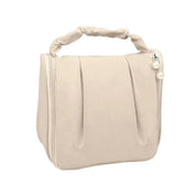 Borsa cosmetica beige con manico intrecciato, chiusura a zip, design elegante, ideale per viaggio, organizer trucco, accessori moda donna.