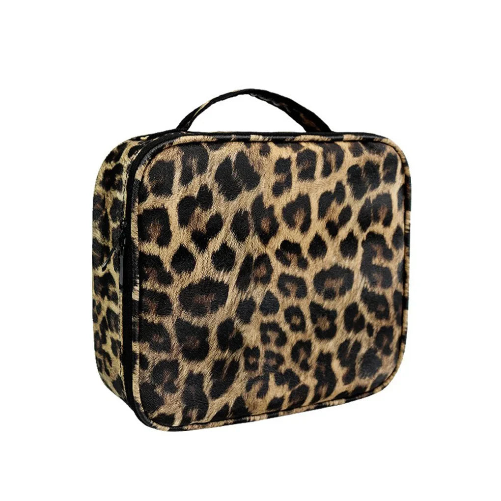 Borsa termica portapranzo con stampa leopardata, manico superiore, design compatto, ideale per ufficio, scuola, picnic.
