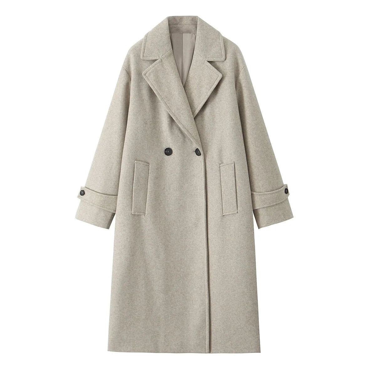 Cappotto lungo donna in lana grigia, doppio petto, con tasche e bottoni, elegante e caldo, ideale per l'inverno.