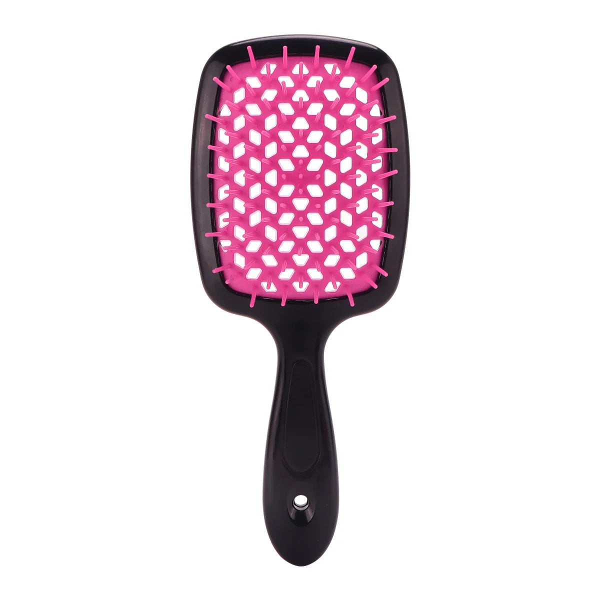 Spazzola per capelli nera con setole rosa, design rettangolare, ideale per districare e lisciare. Accessorio essenziale per la cura dei capelli.