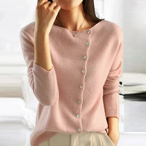 Maglione donna rosa con bottoni, design elegante e moderno, perfetto per moda autunnale. Tessuto morbido, ideale per look casual e chic.