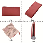 Portafoglio donna in pelle rossa, design elegante, vista frontale, posteriore, interna e laterale. Accessorio moda, scomparti multipli, chiusura zip.