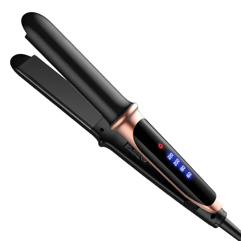 Piastra per capelli professionale nera con display digitale, temperatura regolabile, design ergonomico, ideale per styling liscio e riccio.