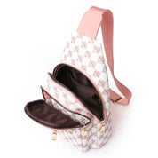 Zaino monospalla donna in pelle bianca e rosa, motivo a scacchi, con cerniere dorate e tasche multiple. Elegante e pratico per ogni occasione.